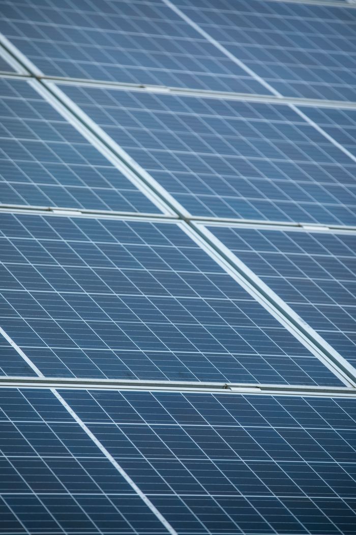 services-01 Rows of solar panels in a field harness clean energy under a clear blue sky.